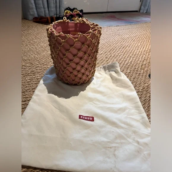Staud Moreau Macrame and Leather Bucket Bag Pink